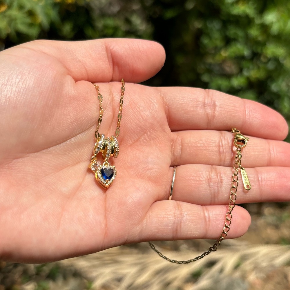 18K White Gold Plated Stainless Steel Sapphire Blue Heart Necklace